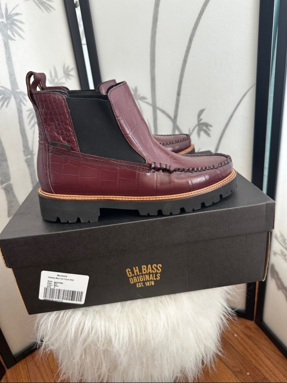 G.H. Bass Women's Burgundy Croc-Embossed Chelsea Booties